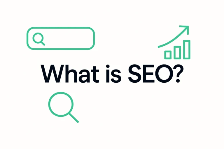 Title card reading 'What is SEO?' with search and graph icons in green on a light background.