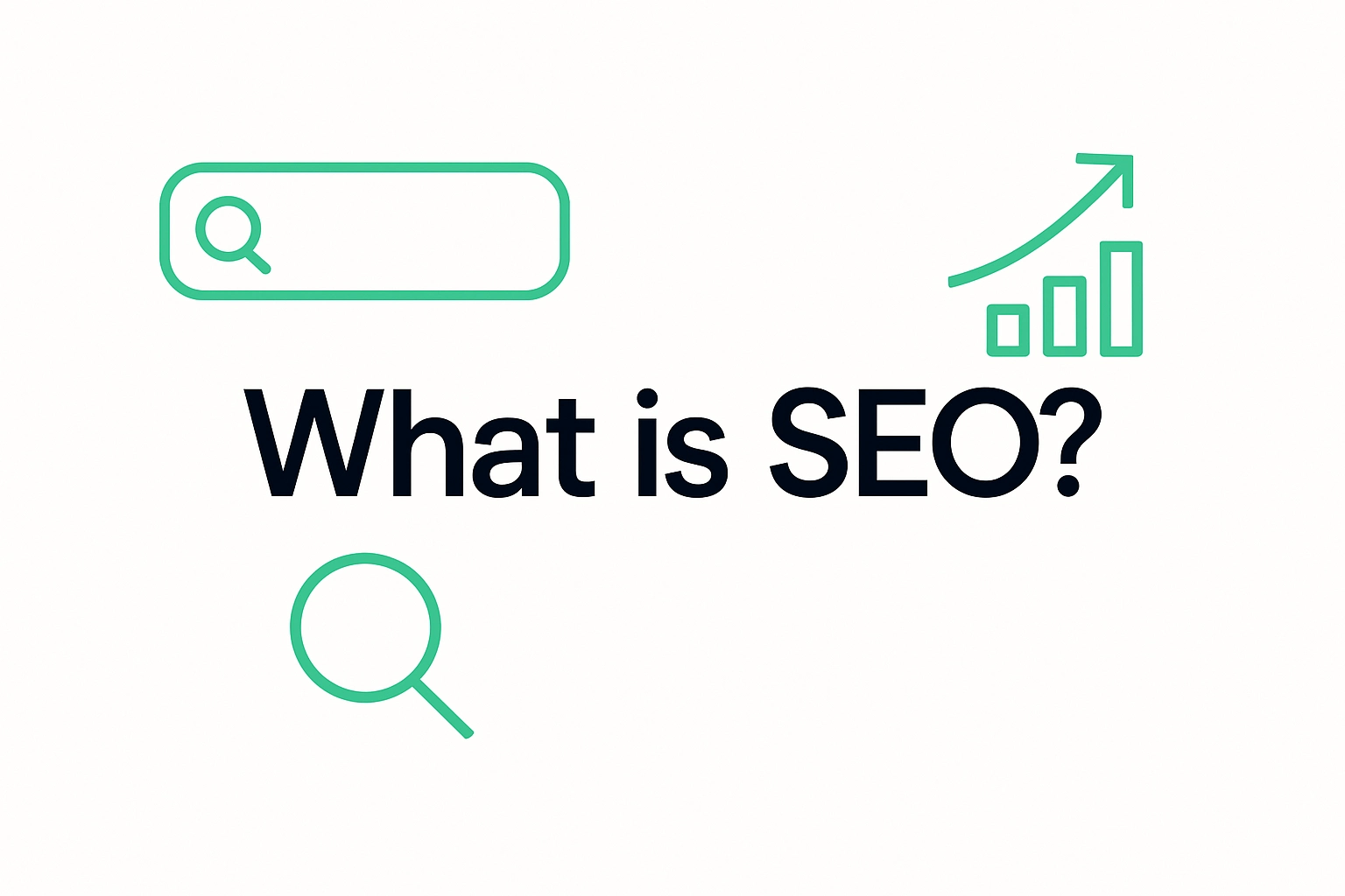 Title card reading 'What is SEO?' with search and graph icons in green on a light background.